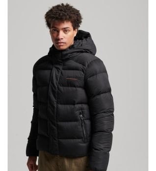 Superdry para hombre. M5011760A Chaqueta acolchada de microfibra con capucha Sports negro (XL), Casual, Poliéster