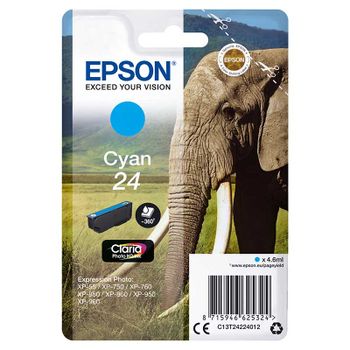 Epson 24 (T242240) Cyan Original Claria Photo HD Standard Capacity Ink Cartridge (Elephant)