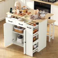 isla de cocina con mesa extensible enchufes y dos taburetes 120  45-75  96 cm