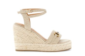 sandalias de cuña con tira en el tobillo y banda delantera camel