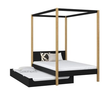 Cama individual de madera con dosel y cajón para colchón n02 negro / roble