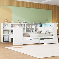 cama 140x200 cm con cabecero tapizado 2 cajones escritorio y libreria - mdf  contrachapado  lino - leds - blanco colchon no incluido