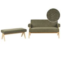 conjunto de sala de estar retro sofa 2 plazas banco tapizado de boucle patas de madera verde y marron claro tamre