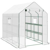 outsunny invernadero de exterior con 12 estantes puerta enrollable cubierta de pe y marco de acero 140x213x190 cm blanco