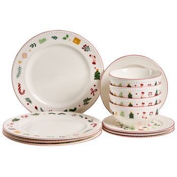 Vajilla De 12 Piezas De Porcelana Hecha A Mano Con Acabado De Esmalte Reactivo Motivo Navidad Blanco Saffron