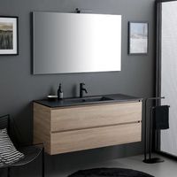 mueble de bano suspendido 120cm roble con lavabo ceramica negro mate y espejo led  berlin
