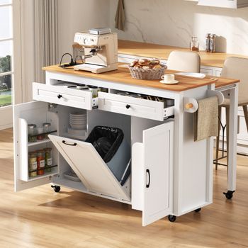Isla De Cocina Con Ruedas, Mdf Blanco, Encimera Extensible Y Estación De Carga