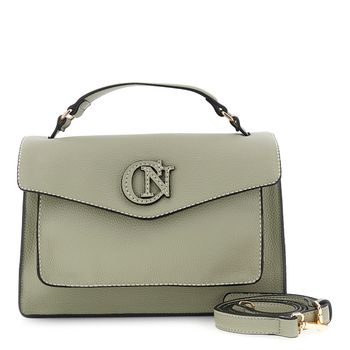 bolso de mano con solapa efecto piel granulada y solapa con logo cosido sage