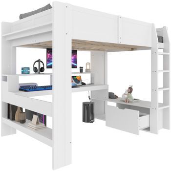 Cama Alta Para Juegos De 140x200 Cm Con Escritorio Led, Blanca