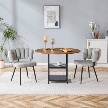 Conjunto De Mesa Y Sillas - Comedor - Mdf, Metal Y Tela - Nogal Y Gris (107x107x75cm)