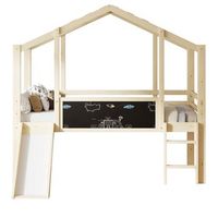 cama infantil 90x200 cm - diseno atico con escalera y tobogan pizarra de graffiti cama multifuncional color madera