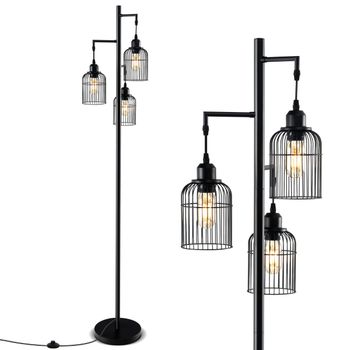 Costway Lámpara de Pie Moderna Industrial de 169 cm con Pantalla de 3 Jaulas Interruptor de Piso Base Alta para Oficina Dormitorio Estudio Negro