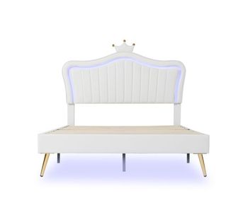 Cama infantil 140x200cm en símil piel con led + cabecero regulable + somier - blanco