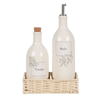 Vinagrera y aceitera de cerámica blanca y soporte de sauce trenzado