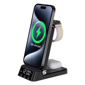 Reloj despertador plegable 4 en 1 Cargador inalámbrico de 15W Soporte para teléfono Base de carga rápida inalámbrica par