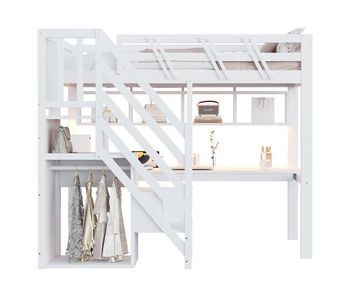 Cama individual 90x200 - escalera con armario, escritorio, usb y luz led - blanco