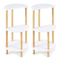 costway juego de 2 mesas auxiliares redondas de bambu 3 niveles con estantes almacenamiento para colocar en sala y dormitorio blanco