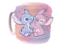 taza - sherwood stitch y angel de lilo  stitch con cubre taza peludo