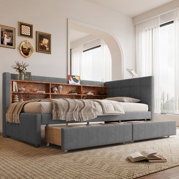 Cama Sofá 90x200 Cm, 2 Cajones, Usb + Type-c, Múltiples Espacios De Almacenamiento, Somier De Lamas, Lino Gris