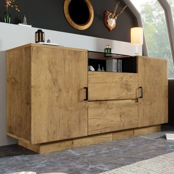 Aparador - Mueble De Almacenamiento - Tablero De Partículas Y Vidrio - Roble (140x40x70cm)