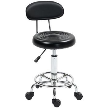 Taburete Con Ruedas Y Respaldo Giratorio Regulable En Altura, Reposapiés Ajustable, Cuero Sintético, Negro