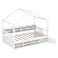 costway cama de casa de tamano individual con techo estructura de cama de plataforma de madera con 14 cubos de almacenaje armario cerrado blanco