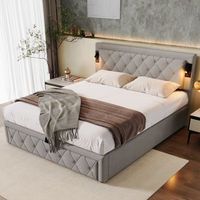 cabecero cama contenedor 160 x 200 cm - leds y tomas usb - tela de lino - patron de rayas de rombos - gris sin colchon