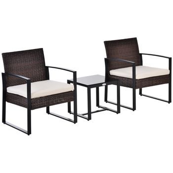 Conjunto De Jardín De Polirratán  Para 2 Personas, Muebles De Balcón Con Cojines En Marrón Y Crema, Ideal Para Terraza Y Jardín
