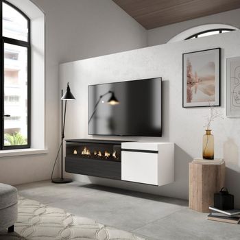 Mueble tv efecto madera blanco y negro 150x35x45 chimenea efecto fuego