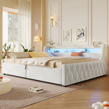 Cama Doble Plataforma Con Cofre Hidráulico E Iluminación Led, Terciopelo, 140x200, Crema