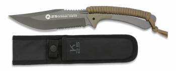 Cuchillo táctico K25, mango encordado + G10, hoja de acero inox, tamaño total de 25 cm, funda de nylon