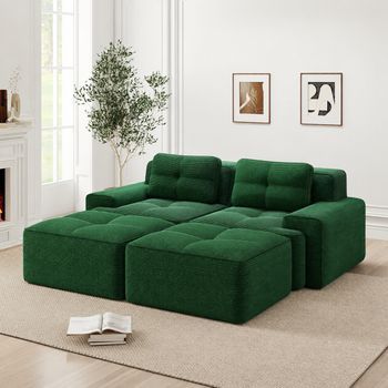 Sofá Modular De Pana Verde 2 Plazas Con Otomana, Asiento Profundo 74 Cm, Sin Montaje