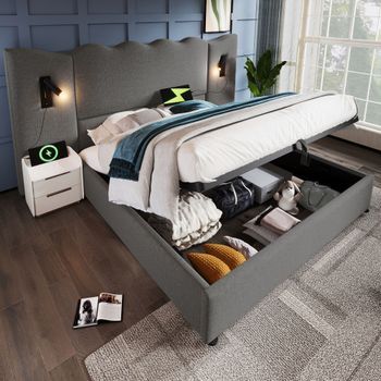Cama Tapizada De 180x200 Cm Con Lámpara Usb Y Caja De Almacenamiento, Color Gris Lino.