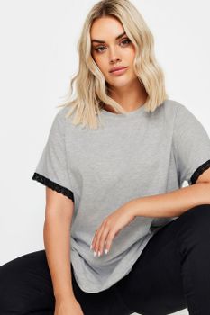 Yours Camiseta Gris Con Puntilla De Encaje, Mujer Curvy Y Tallas Grandes, Yours