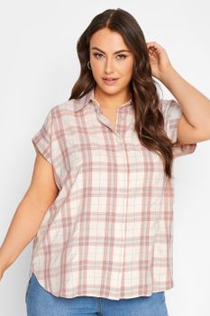Yours Camisa Algodón Rosa De Cuadros Manga Sisa, Mujer Curvy Y Tallas Grandes, Yours