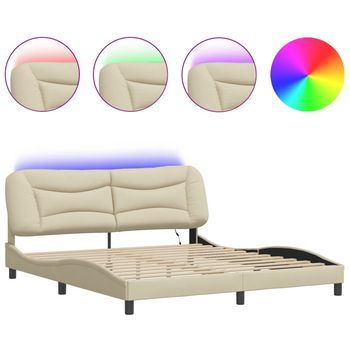 Cama Matrimonial | Cama Para Adultos | Estructura De Cama Con Luces Led Tela Crema 180x200 Cm