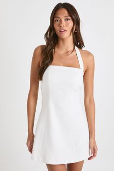Tailored Halterneck A-Line Dress, Blanco