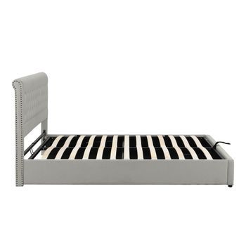 Cama Contenedor Tapizada De Lino - Decorada Con Remaches - Con Somier De Láminas - 140x200cm - Gris Claro