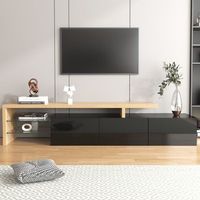 mueble para tv con almacenamiento estantes de cristal e iluminacion led - mdf y cristal - negro y madera natural 1975 x 39 x 42 cm