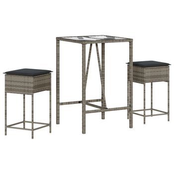 Juego De Bar De Jardín De 3 Uds | Muebles De Jardín Con Cojines Ratán Pe Gris Cfw70223