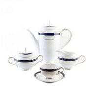 juego de cafe de porcelana blanca con filo de oro y azul cobalto 27 piezas royal blue 12 tazas de cafe 12 platillos para tazas 1 azucarero 1 cafetera 1 cremera diseno clasico