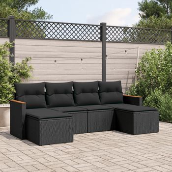Conjunto De Sofás De Jardín 6 Uds | Mueble Jardin Mesa Y Sillas Y Cojines Ratán Sintético Negro Cfw679050