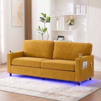 Sofá Moderno De 2 Plazas, Tapizado En Chenilla, Con Puerto Usb-c, Iluminación Led Y Portavasos, Color Amarillo Mostaza.