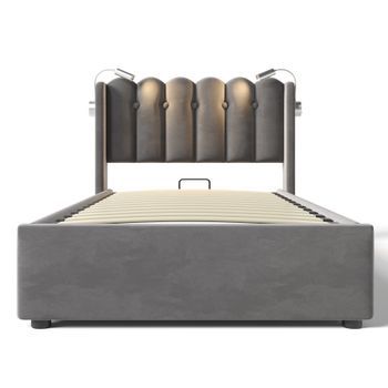 Cama Con Canapé Tapizada Con Led Y Puertos De Carga Usb 90x200cm Tela De Terciopelo Con Somier Gris