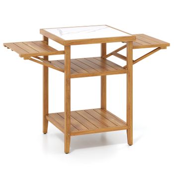 Costway Mesa de Barbacoa de Madera de Acacia con Bandejas Laterales Plegables y Estantes Almacenaje para BBQ Fiesta Patio Jardín