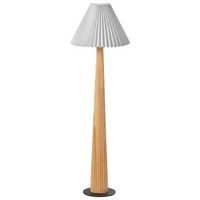 lampara de pie industrial con pantalla de tela y base de madera de caucho blanco natural aligide