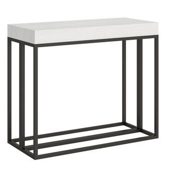 Consola Extensible Evitra De Fresno Blanco Con Patas De Metal Antracita, 14 Plazas, De 40 A 300 Cm