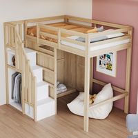 cama alta de 90 x 200 cm con armario y barra para colgar ropa - pino  metal  madera contrachapada  mdf - natural  blanco colchon no incluido