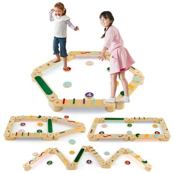 Costway Juego de Vigas de Equilibrio Montessori con Piedras para 1+ Niños Tablas de Equilibrio de Madera para Coordinación y Habilidades Motoras