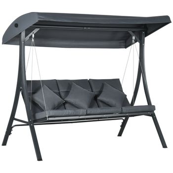 Outsunny Balancín de Jardín Exterior Columpio de 3 Plazas con Toldo Ajustable y Marco de Acero 202x115x168 cm Gris Oscuro